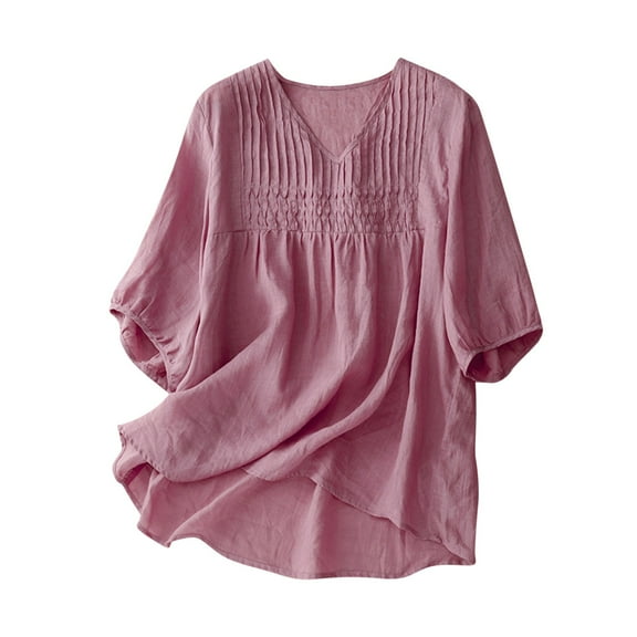 Wenyuyu Women Cotton Linen Tops Puff Half Sleeve Solid Color V Neck Shirts Pleated Cute Babydoll Loose Fit Blouses Pink M