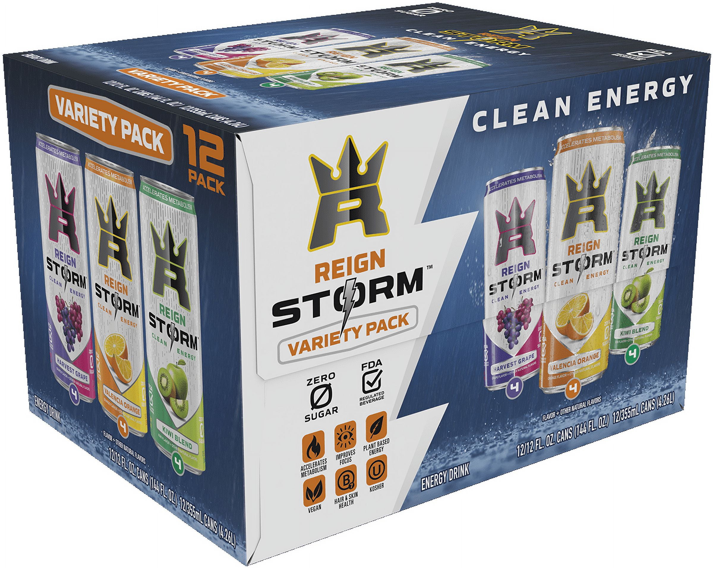 Reign Storm, VP Kiwi Blend, Valencia Orange, Harvest Grape, Clean Energy Drink, 12 fl oz, 12 Pk