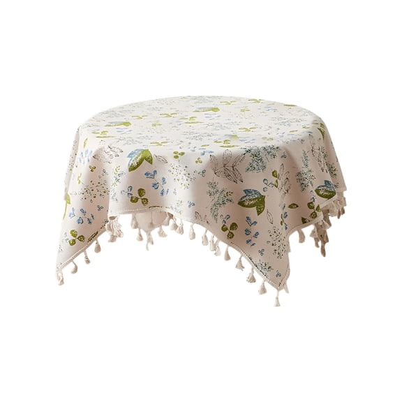 AUQ Square Floral Tablecloth French Vintage Cotton Linen Tablecloth with Tassels,Small Wild Flowers and Green Leaves Washable Table Cover for Farmhouse Home Kitchen Dining Picnic Decor - 36x36 in