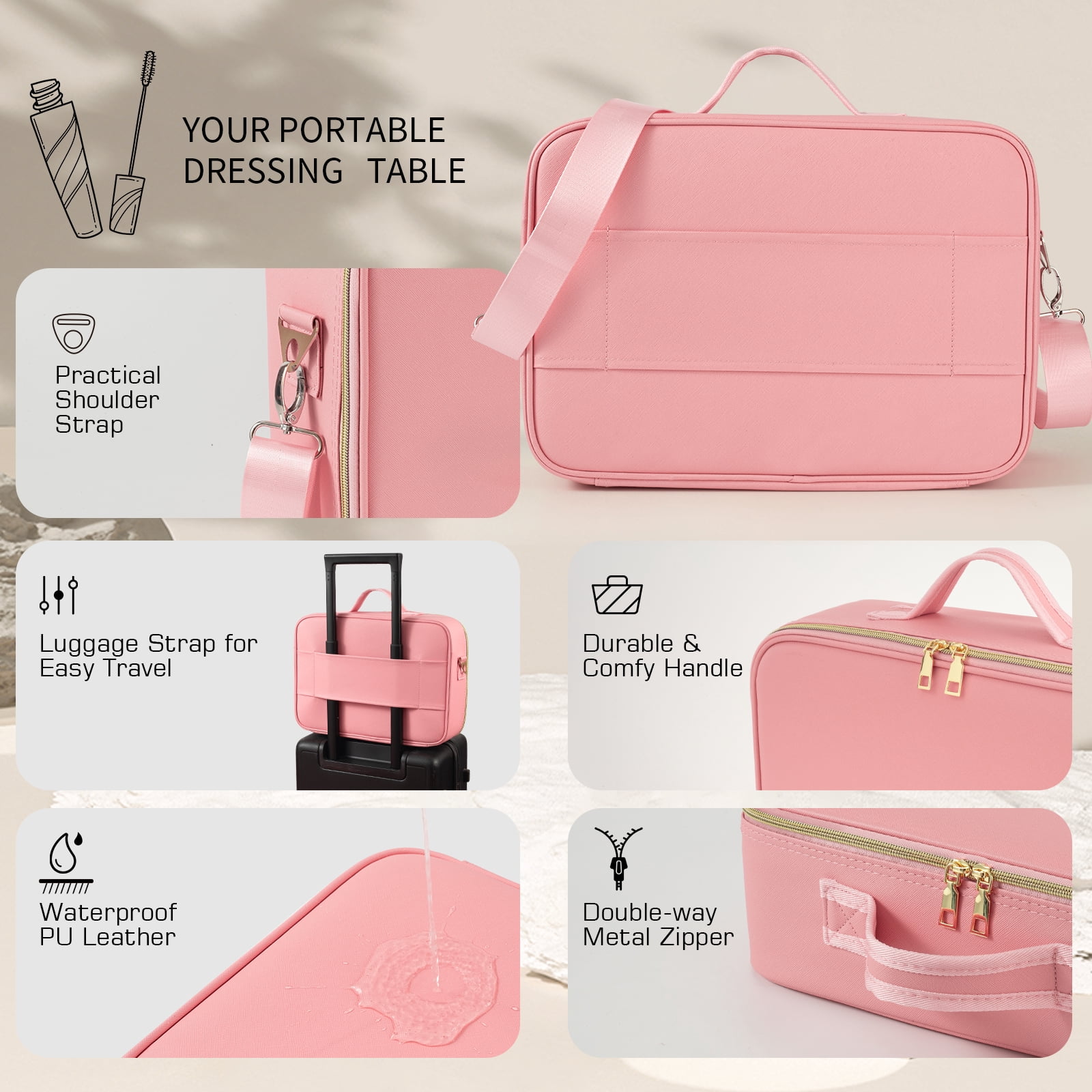 Hmggoofa Pink Travel Makeup Bag with LED Light Mirror - Large Capacity and Adjustable Dividers, Perfect for Carrying Beauty Products While On the Go