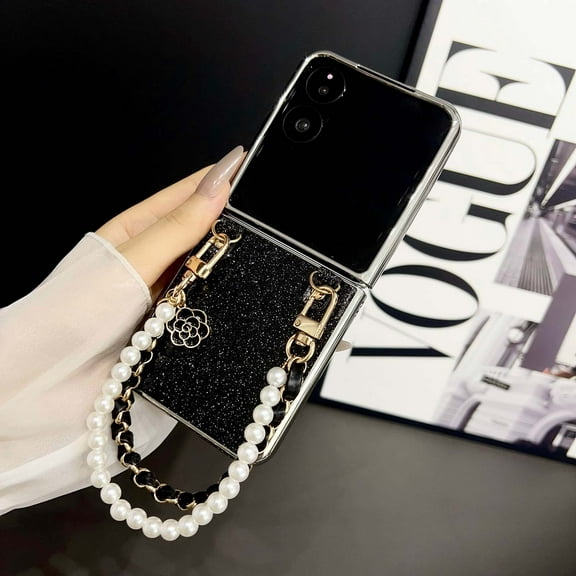 For Motorola Razr 2024/2025 Case for Women Girls Glitter Sprakle Bling Anti-Slip Shockproof Protection Pearl Handle Strap Grip Luxury Cover Case For Motorola Razr 2024/2025,Black