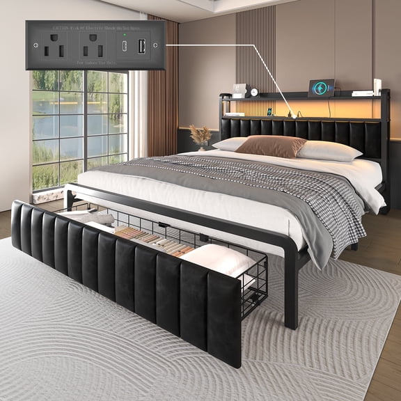 Queen Size Bed Frame with Storage Drawer, LED Upholstered Platform Bed with Charging Station, Metal Slats, Black