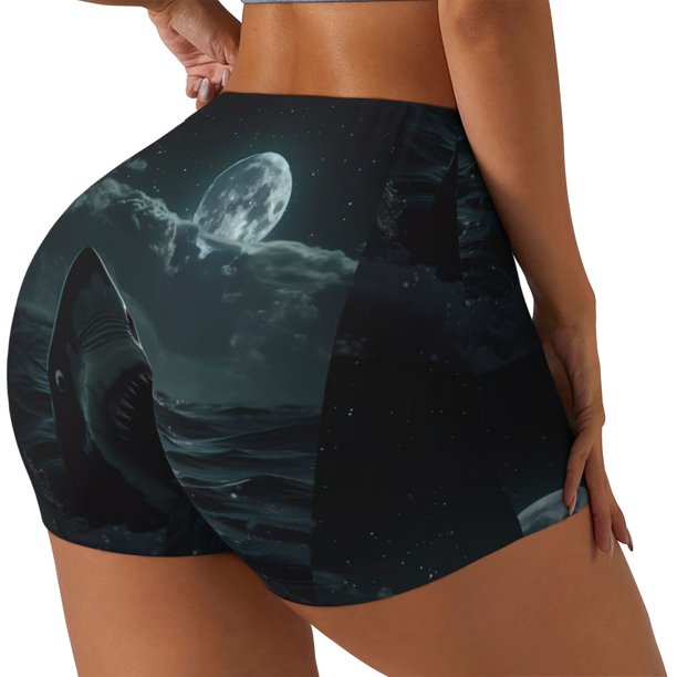Balery Moonlit Night Sky Shark Pantalones cortos de entrenamiento estampados para mujer, sin costuras, ajustados, para gimnasio, yoga, correr, deportes, ejercicio activo, fitness.-Large