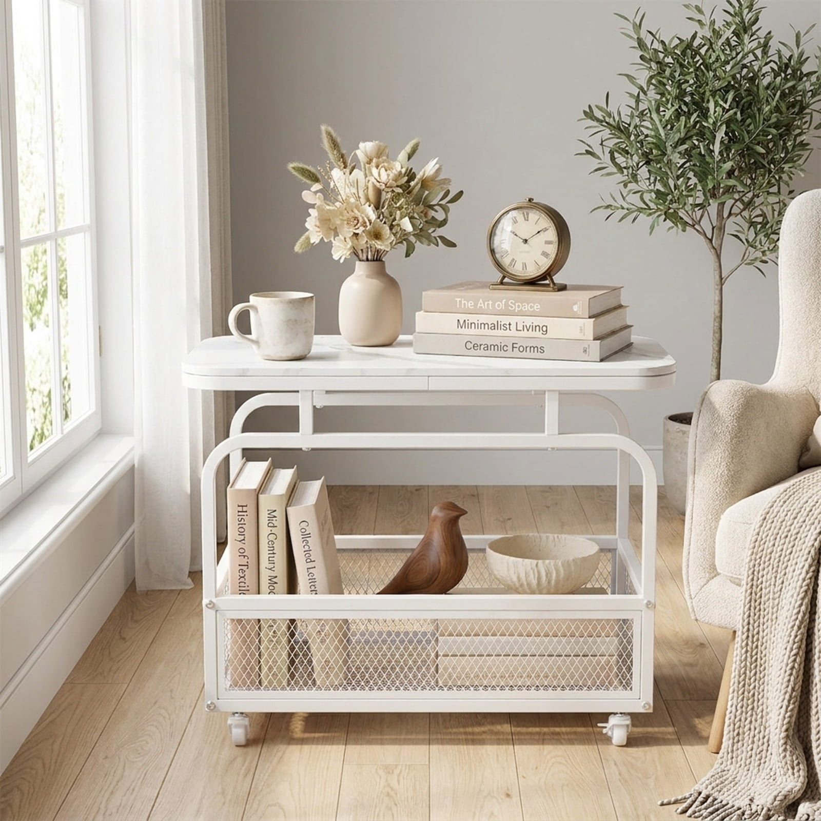 Furnibear Rolling Side Table 2 Tier Narrow End Table with Faux Marble Top and Mesh Storage Basket for Living Room Bedroom and Sofa Side, White