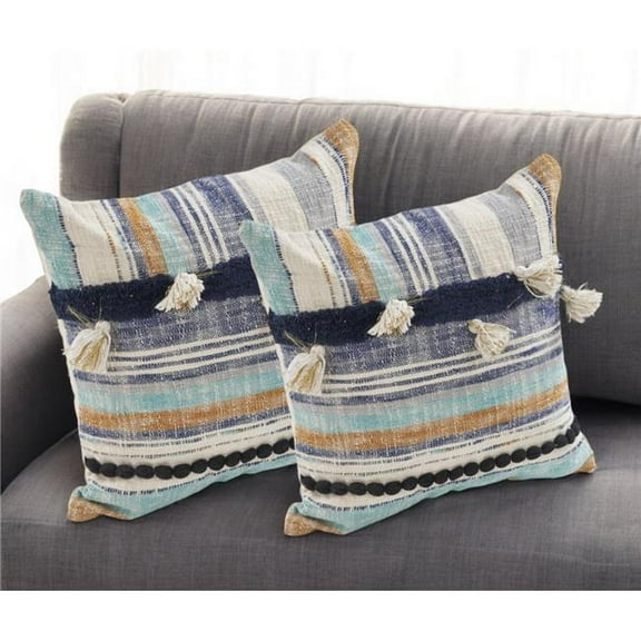 HomeRoots 554579 Blue Striped Cotton Throw Pillow with Tassels - Set of 2