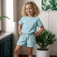 thumbnail image 2 of Wxirdiow Baby Girl Short Sets Toddler Baby Girl Summer Clothes Solid Color Short Sleeve T Shirt Tops Newborn Rolled Shorts Outfit Set Blue Size,1-2 Years, 2 of 4