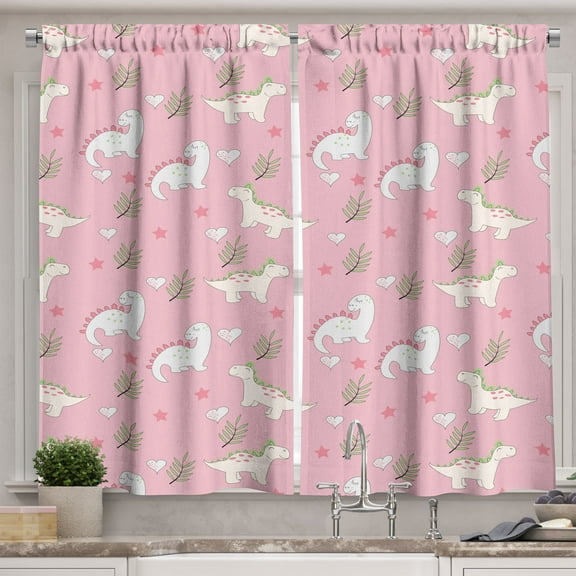 Ambesonne Dinosaur Funny Kitchen Curtains, Predator Animal Art, 55"x30", Pale Pink and White