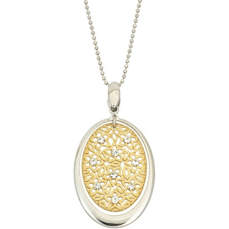 Giuliano Mameli Crystal Accent 14kt Gold-Plated Sterling Silver Matte-Finished Oval Star Pattern White Polished Frame Pendant with Chain