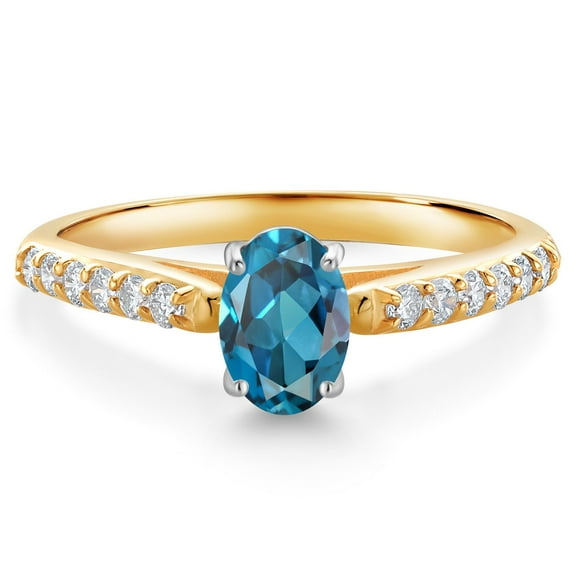 Gem Stone King 10K Two Tone Gold London Blue Topaz and White Lab Grown Diamond Engagement Ring for Women (1.18 Cttw, Gemstone November Birthstone, Oval 7X5MM, Size 5)
