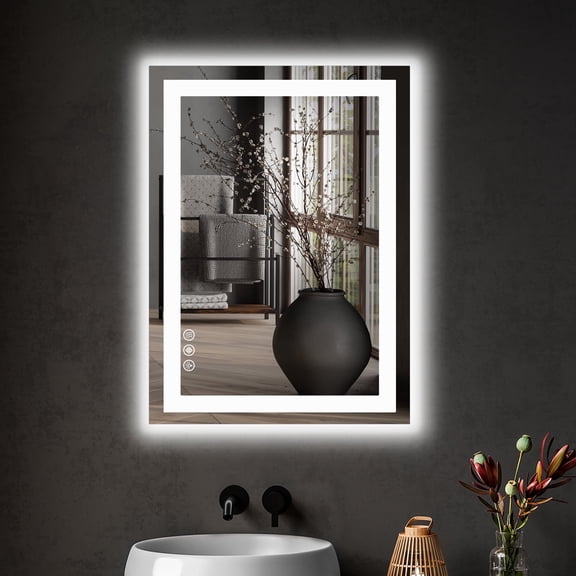 CONCETTA 20"x28" Bathroom Mirror with LED Light, Decor Rectangle Wall Mirror, Bedroom Vanity Mirror with Dual Light Source & 3 Lighting Modes, White