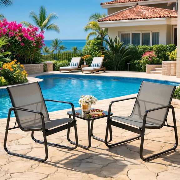 3 Pieces Patio Furniture Set with Metal Frame Glass Table, Bistro Table and Chairs Set for Lawn - Gray