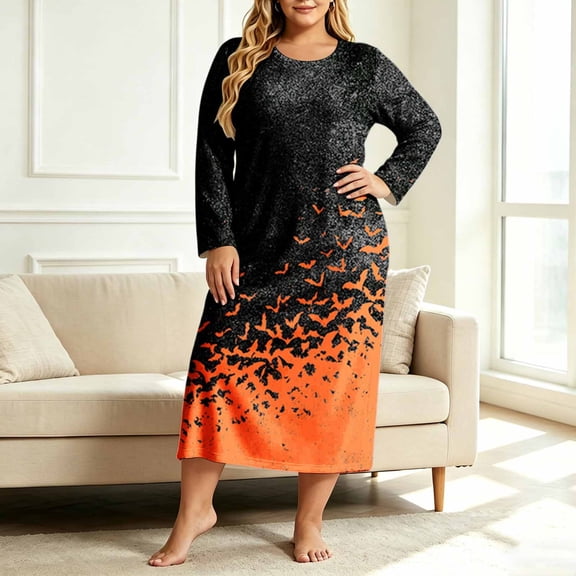 Snorda Halloween Plus Size Dresses for Women Graphic Print Dress Crew Neck Long Sleeve Loose Casual Dresses Fall Winter Dress for Loungewear Holiday Festival Wear