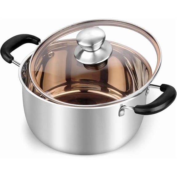 Cnshop 3-Quart Stainless Steel Stock Pot with Glass Lid, Dishwasher Safe Cooking Pot with Heat-Proof Handles