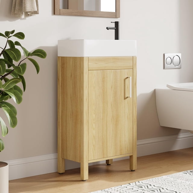 EDTara Small-Space 16 Inch Bathroom Vanity, Single Storage Cabinet With Integral Basin and Soft-Close Door