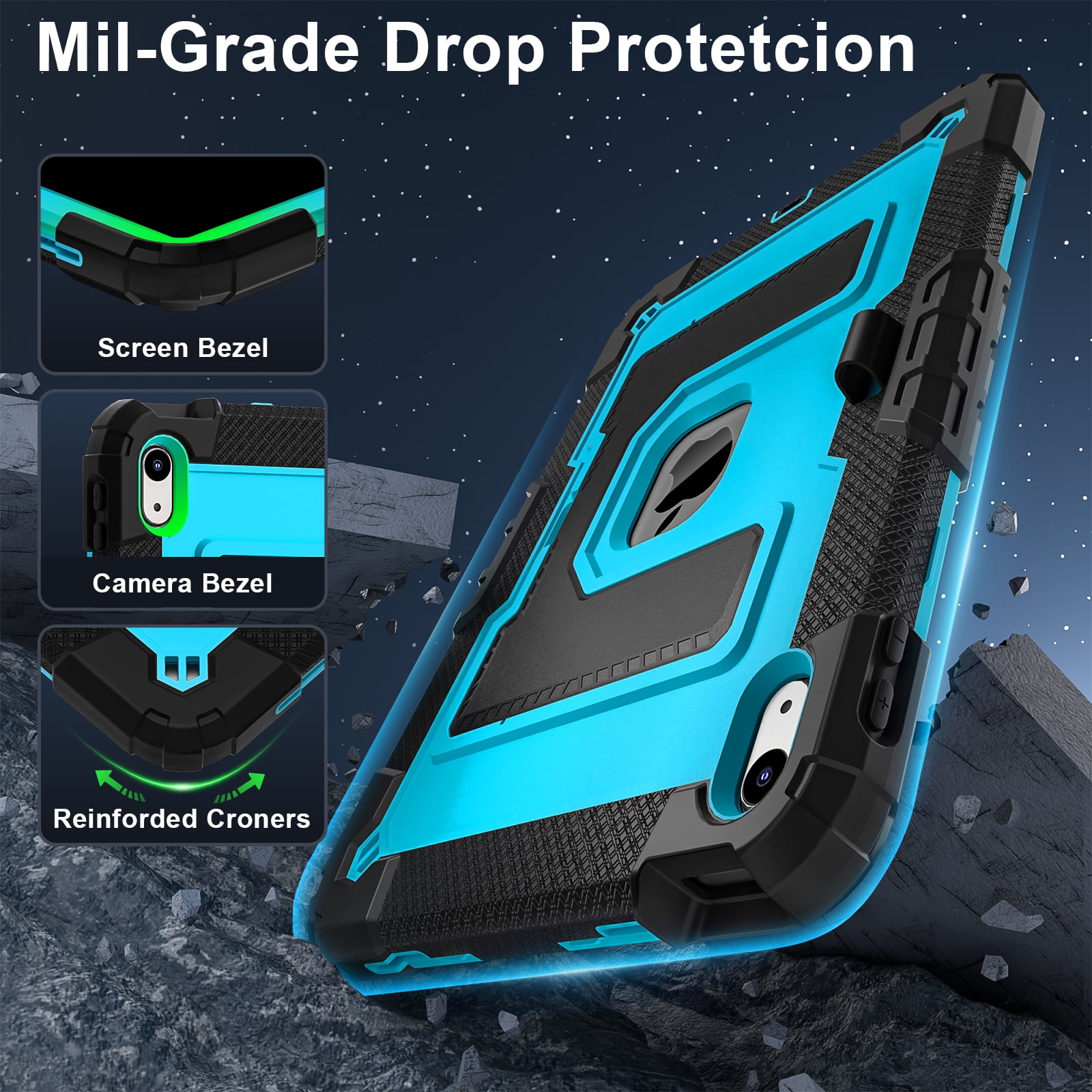 Allytechgroup Rugged Case for Apple iPad Mini 7th Gen / iPad Mini 6th Gen 8.3 Inch, Heavy Duty Protective Tablet Case with Kickstand, Pencil Holder & Detachable Shoulder Strap, Black+Blue