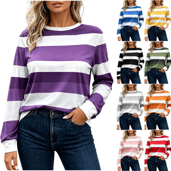 Cmfcve Womens Long Sleeve Shirts Striped Crew Neck Basic Tops Fall Fashion Casual Loose Fit Blouses