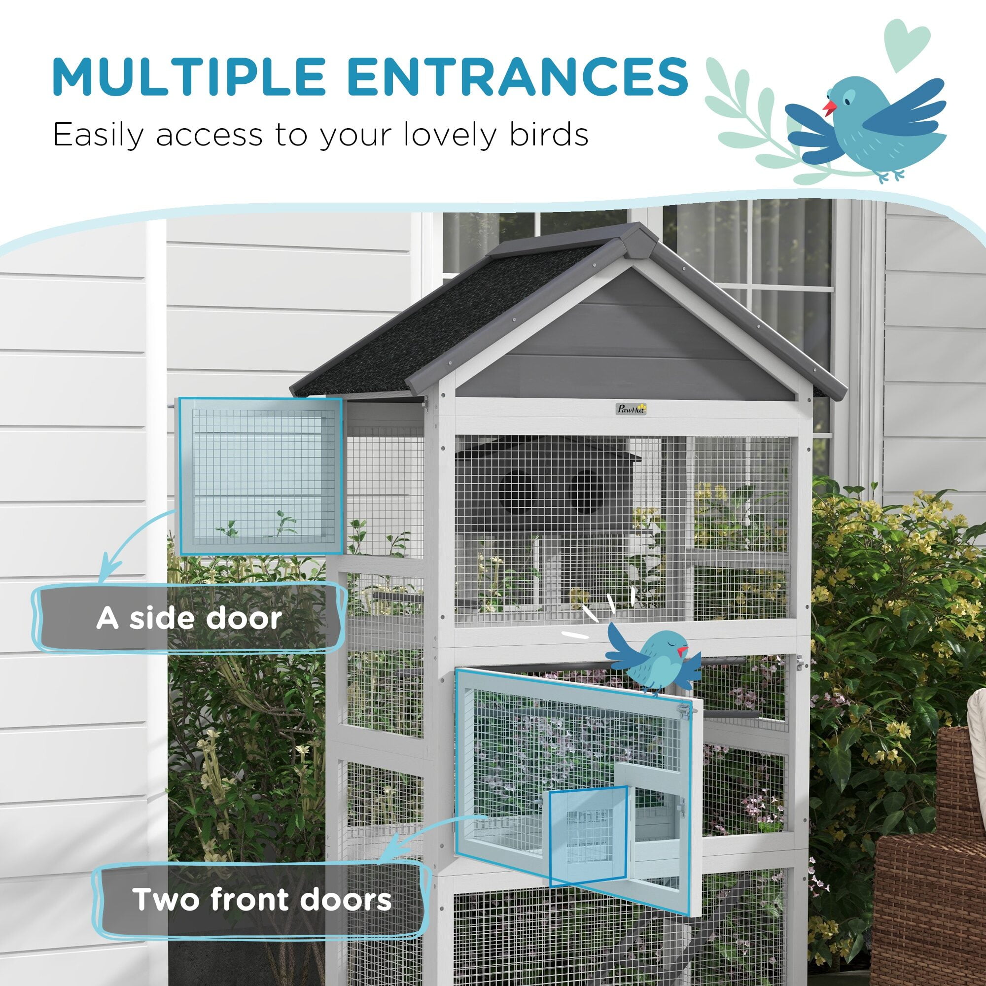 Dog Crate, PawHut Wooden Bird Aviary, 67" Outdoor Bird Cage with Slide-Out Tray, Three Doors, Birdhouse, Ladder, Perches for Finches, Parakeets, Gray, Gray Pet Playpen,Wood Chicken Coop