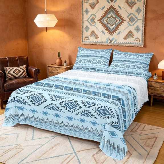Manfei Boho Aztec Bed Sheets, Tribal Geometric Fuul Size Sheets, Blue Light Blue, Gray Reversible 4-Piece1 Flat Sheet 1 Fitted Sheet 2 Pillowcases
