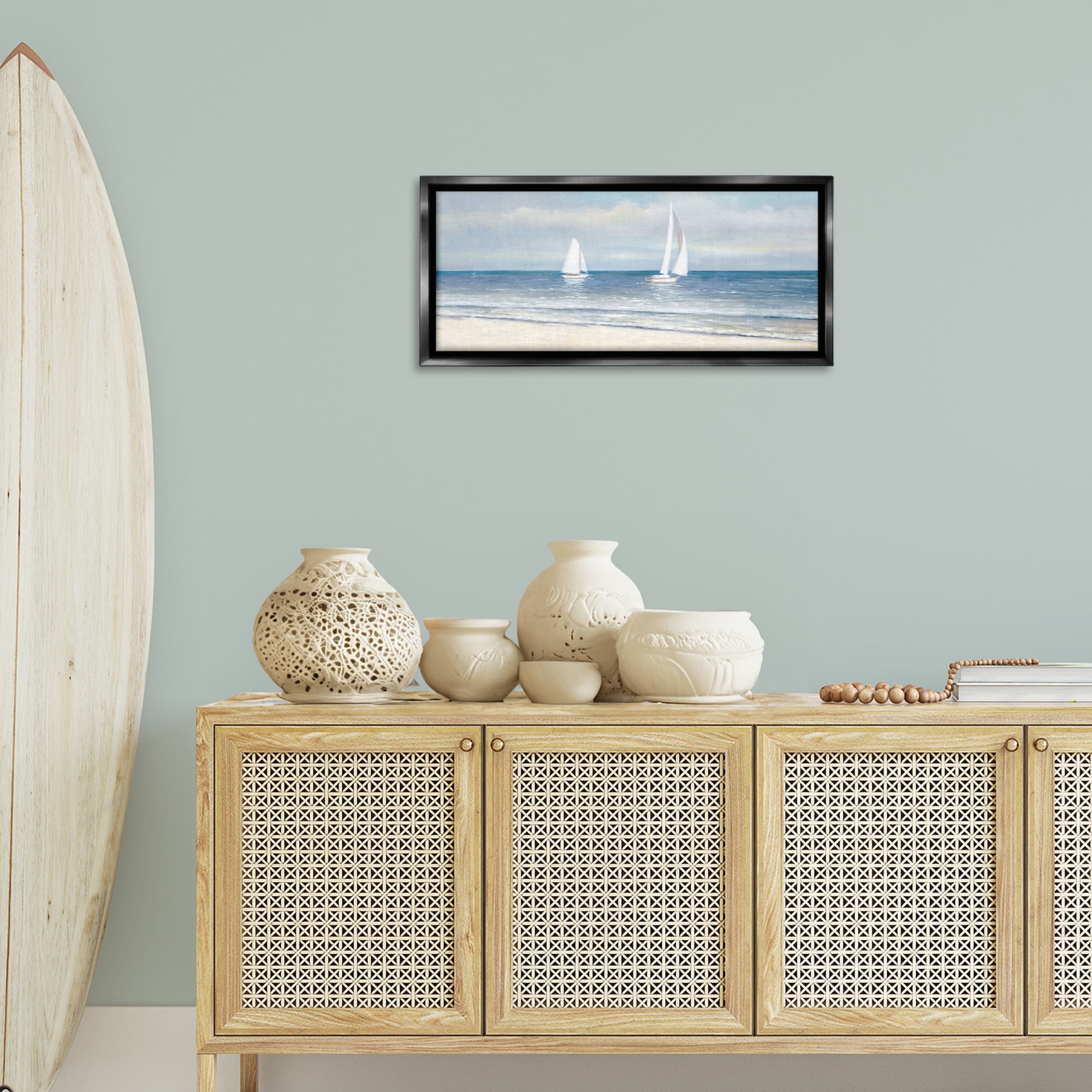 Stupell Industries Sooth Sailboats View Nautical & Beach Painting Black Floater Framed Canvas Art Print Wall Art, 31 x 14
