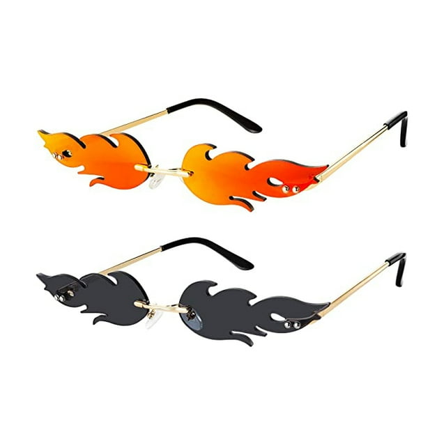 2 Pieces Fire Flame Sunglasses Flame Rimless Sunglasses Rimless Wave Glasses Fire Shape Glasses Eyewear for Party (Red Grey)