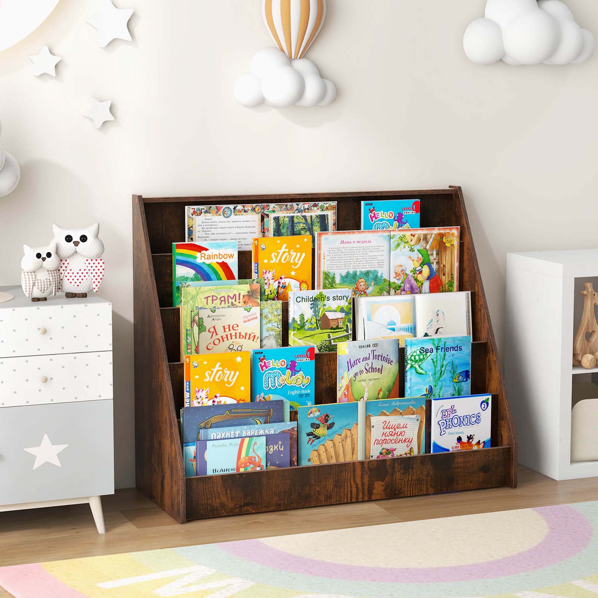 Costway 5 Tier Kids Bookshelf with Anti-Tipping Device Kids-friendly Height for Bedroom Brown