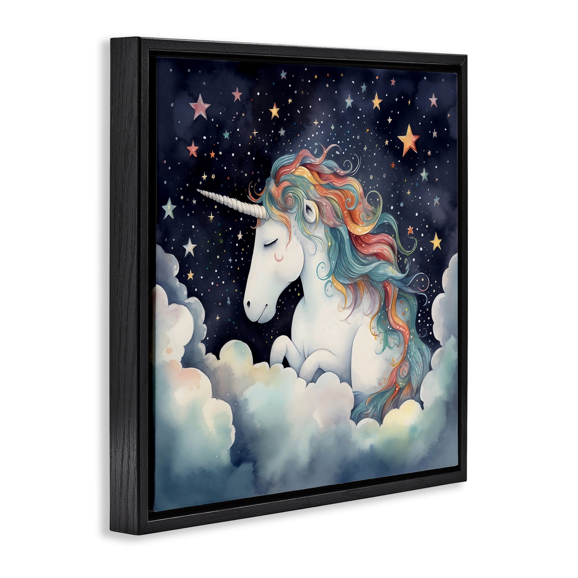Stupell Industries Sleepy Unicorn in Starlit Clouds Black Framed Floater Canvas Wall Art, design by Creative Studio
