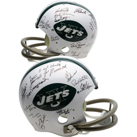 New York Jets Team Autographed Riddell Throwback 1969 2-Bar Facemask Replica Helmet with 24 Signatures - Fanatics Authentic Certified