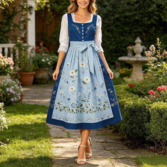 QUNYINEY Sleeveless Summer Dresses for Women 2026 Oktoberfest German Flowy Long Dirndl Dress Casual Beer Carnival Loose Fit Square Neckline Dresses