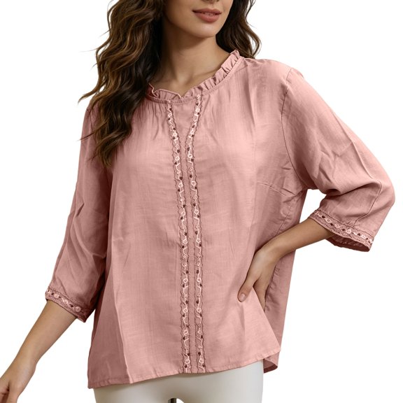 Women Shirts Neck Embroidered Short Sleeve Casual Blouse Top Holiday Gathering Daily Casual Outfit