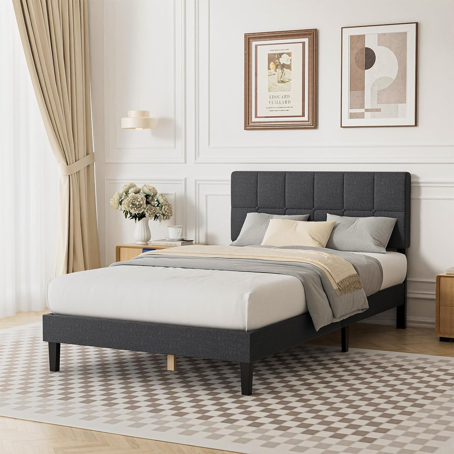 Queen Size Bed Frame - Linen Upholstered Platform Bed with