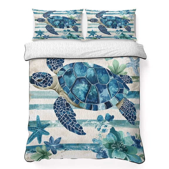 Twin XL Quilt Set 68''x98'', Teal Blue Turtle Coastal Lightweight Bedspread Coverlet Set with 2 Pillow Shams, Vintage Stripe Botanical Beach Breathable All Season Quilt Bedding for Dorm/Guest Room