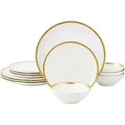 White Luxury Plates and Bowls Sets, 12 Piece Porcelain Dinnerware Sets Service for 4, Modern Dinner Plates Set, Gold Rim Dish Set for Wedding Anniversary Birthday, No Microwave Safe