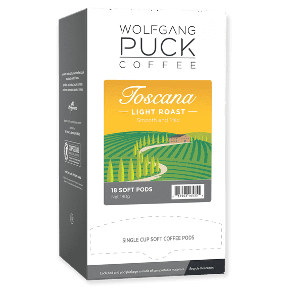 Wolfgang Puck Coffee Soft Pods, Toscana, Light Roast, 18 count (pack of 1)