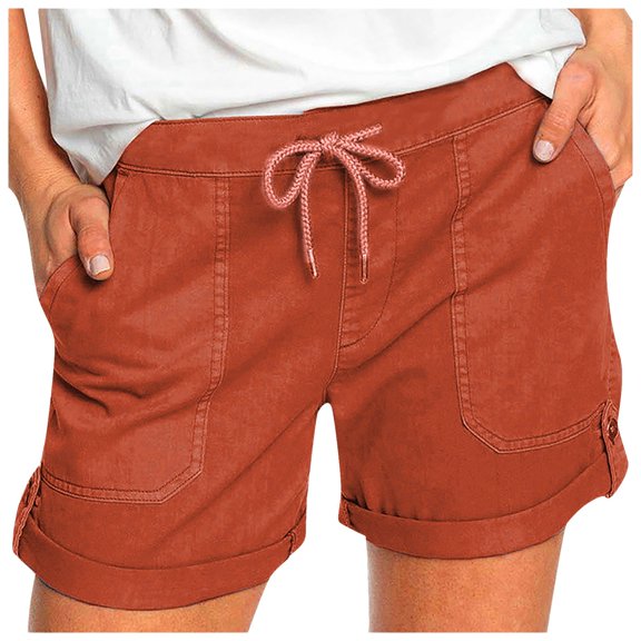 DHFJKG Womens Summer Shorts Solid Color Straight Leg Casual Elastic Drawstring Waist Rolled Hem Shorts With Pockets Comfortable Bottoms