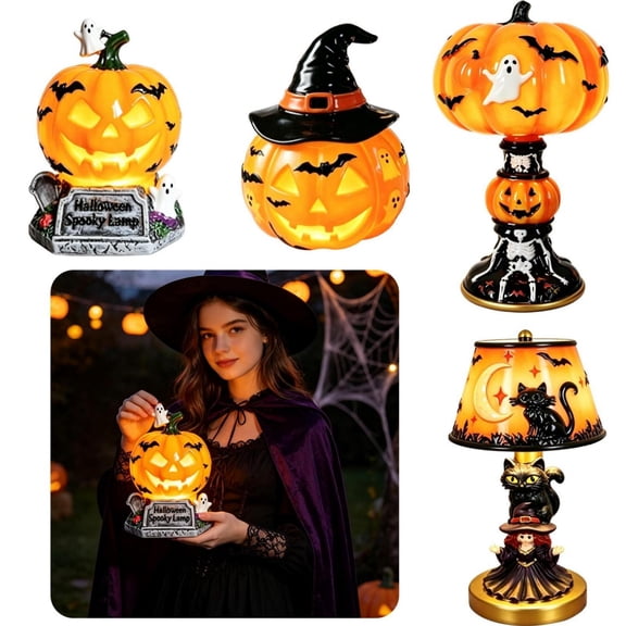 Xingjin Resin Halloween Pumpkin Bat Table Lamp, Warm Glow LED Night Light with Witch Hat and Skeleton, Retro Spooky Desktop Decor for Home Indoor Party