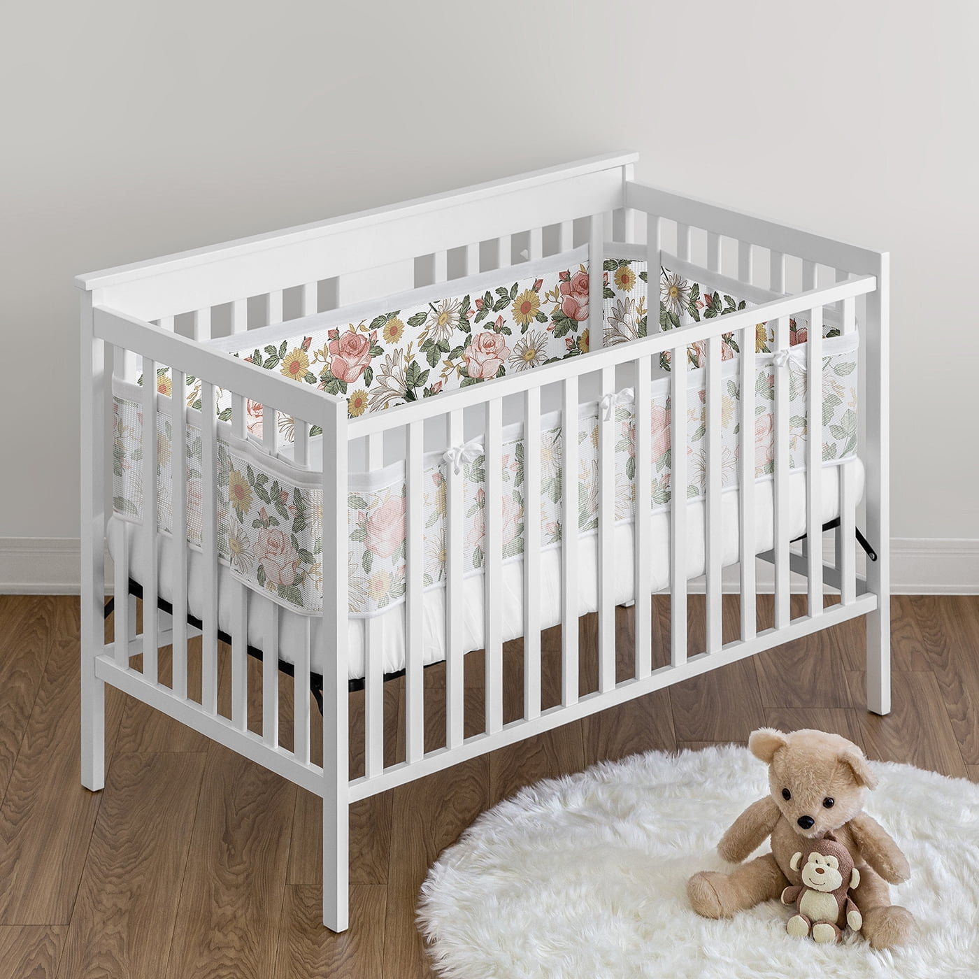 Sweet Jojo Designs + BreathableBaby Vintage Floral Pink Green and Yellow Breathable Mesh Crib Liner Pad