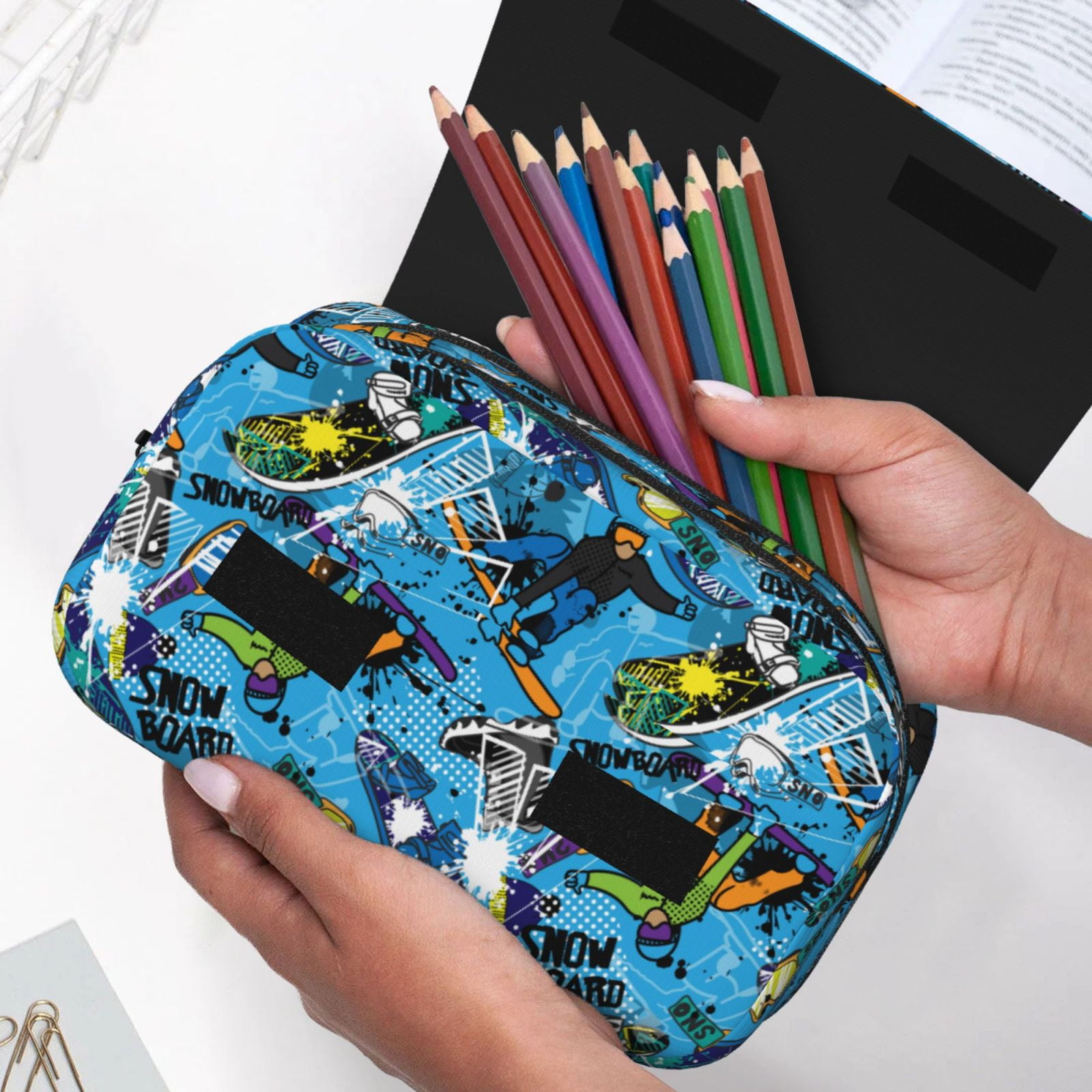 Rateoe snow board blue Pattern Double Clamshell Pen Case, Storage Organizer with Two Zipper Compartments– Holds Up to 50 Pencils & Pens