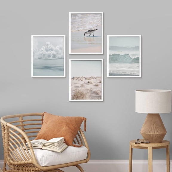 PixonSign Framed Wall Art White Nautical Ocean Sea Beach Grass Seagull Posters, Set of 4 Seaside Landscape Wall Decor Prints, Nature Wilderness Wall Décor for Living Room, Bedroom - 8"x10" White
