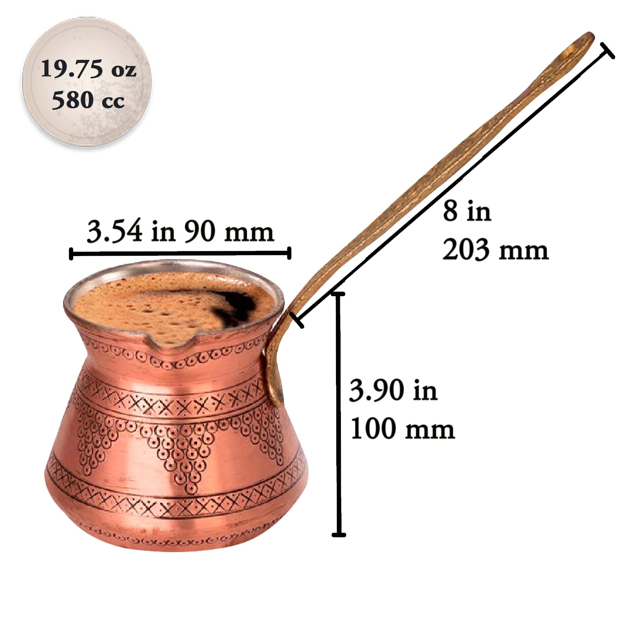 Scash THICKEST Solid Hammered Copper Turkish Greek Arabic Coffee Pot Stovetop Coffee Maker Cezve Ibrik Briki with Wooden Handle, Large - 15 Oz ENGRAVED 