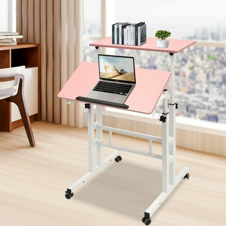 Pink Mobile Office Desk, 24 Inch Adjustable Height with USB Charging Ports & Outlets, 22 lbs Capacity, Rolling Cart for Workstation