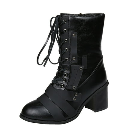 

nsendm Womens Leather Boots Wide Ladies Fashion Vintage Colorblock Leather Lace Up Side Soft Boots for Women No Heel Shoes Black 9
