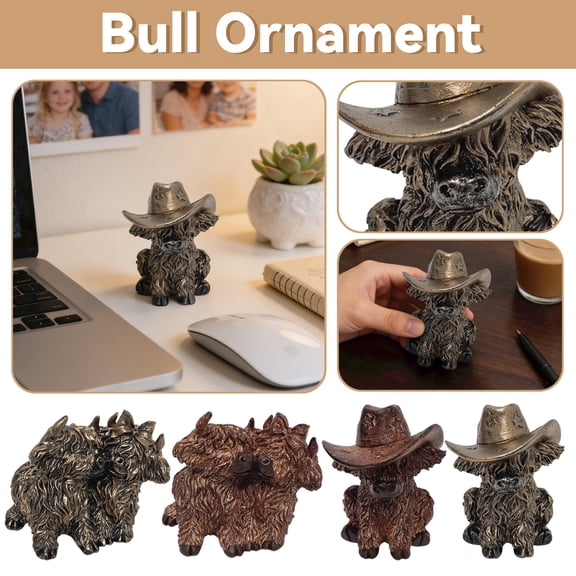 Highland Cow Figurine with Cowboy Hat Resin Animal Sculpture Decorative Ornament for Home Office Desk Shelf Display
