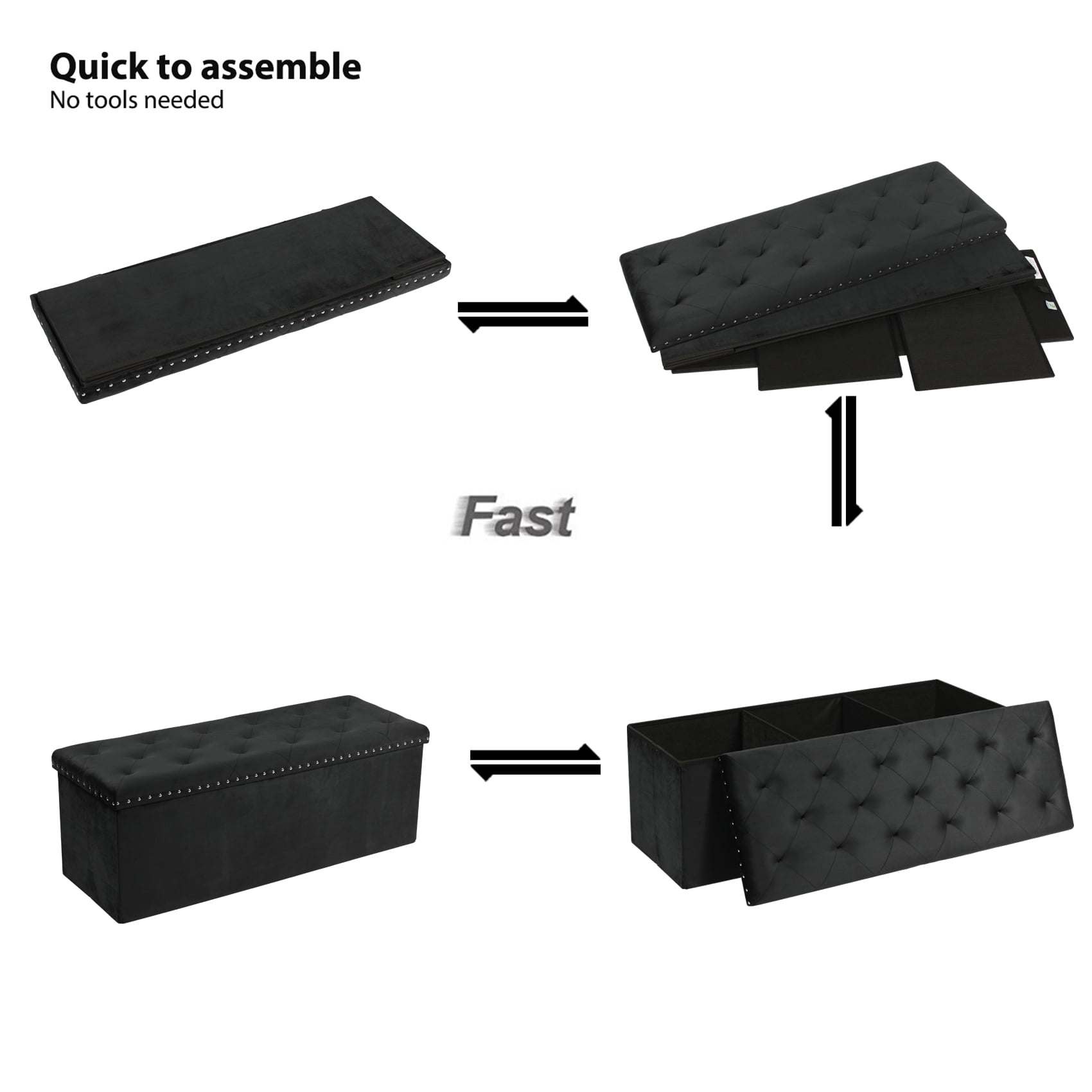 PINPLUS 43.3" Black Velvet Ottoman Storage,Extra Large End of Bed Storage Box with Lids,Footstool Folding Bench Window Seat with Rivet