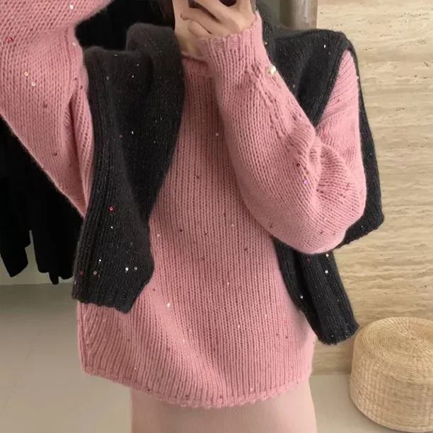 Solid Color Sequin Decoration Knitted Sweater for Women's Autumn Winter Lazy Style Loose Casual Temperament Pullover Sweater Top