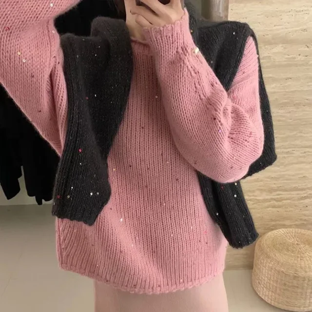 Solid Color Sequin Decoration Knitted Sweater for Women's Autumn Winter Lazy Style Loose Casual Temperament Pullover Sweater Top