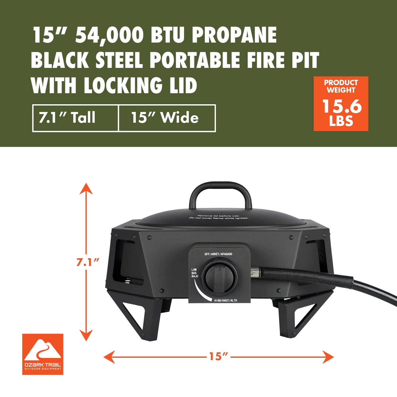 Ozark Trail 15" 54,000 BTU Propane Black Steel Portable Fire Pit with Locking Lid
