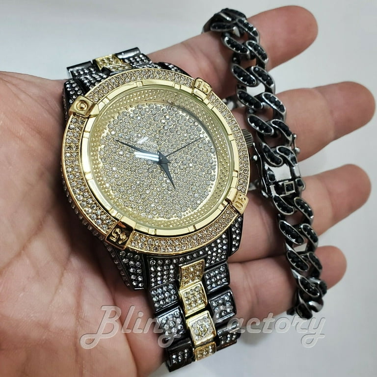 HIP HOP TWO METAL BLING WRIST WATCH ICED BLACK CUBAN BRACELET COMBO SET Walmart