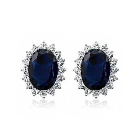 - 15.00 Ct Oval Blue Simulated Sapphire and Zirconia 925 Sterling Silver Earrings