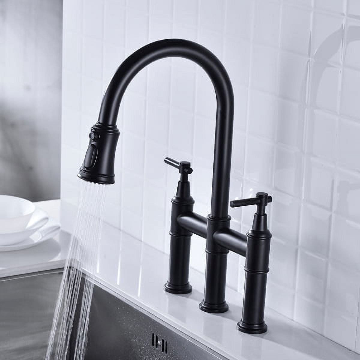 Matte Black Double Handle Pull-Down Kitchen Faucet - Brass Dual-Function Sprayhead, 360° Swivel & Transitional Design for 3-Hole Sinks