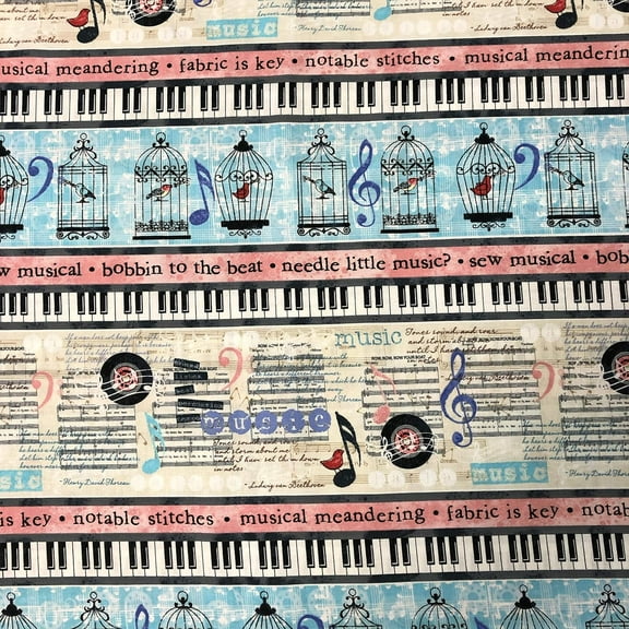 Timeless Treasures Row Needle Little Music Help Stripe Cream 100% Cotton Fabric sold by the yard